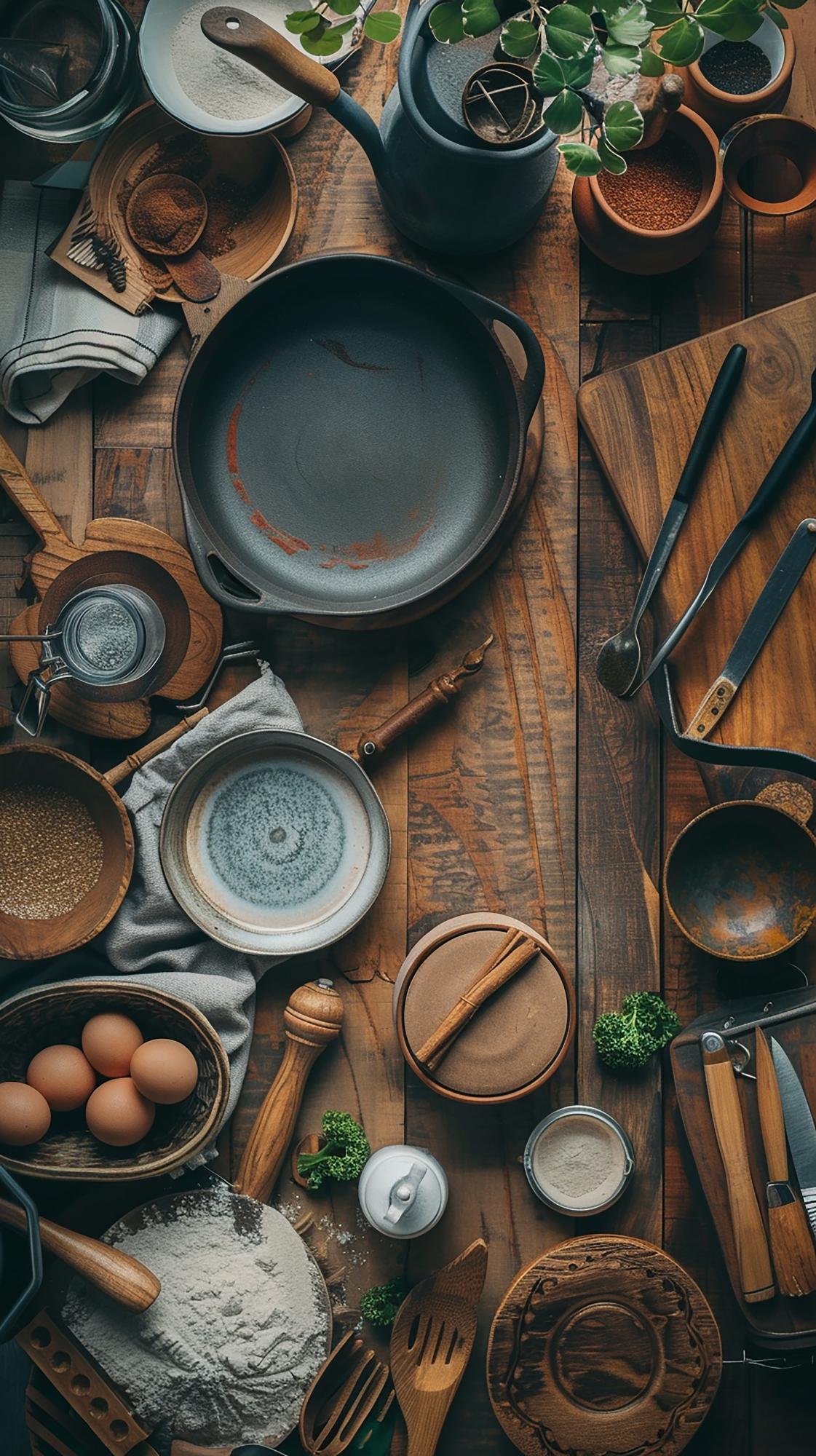 Set di utensili da cucina disposti artisticamente